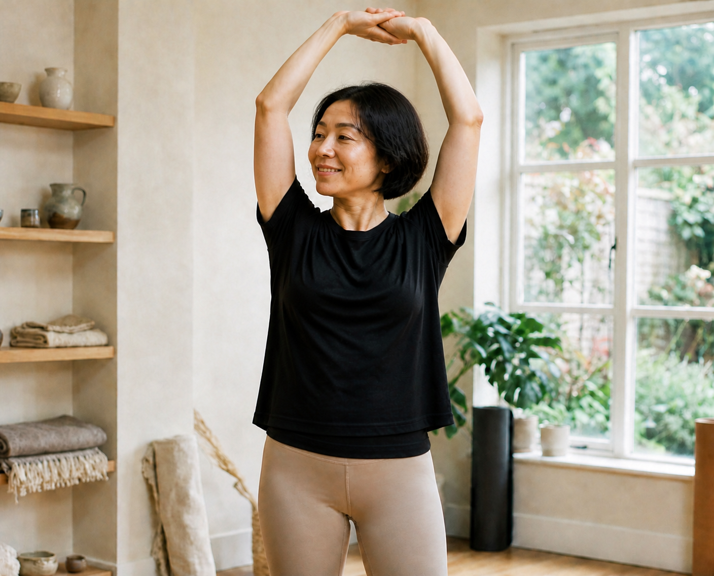 Smiling woman stretching her arms overhead in a bright living room, wearing the Lalevio belt under a black T-shirt