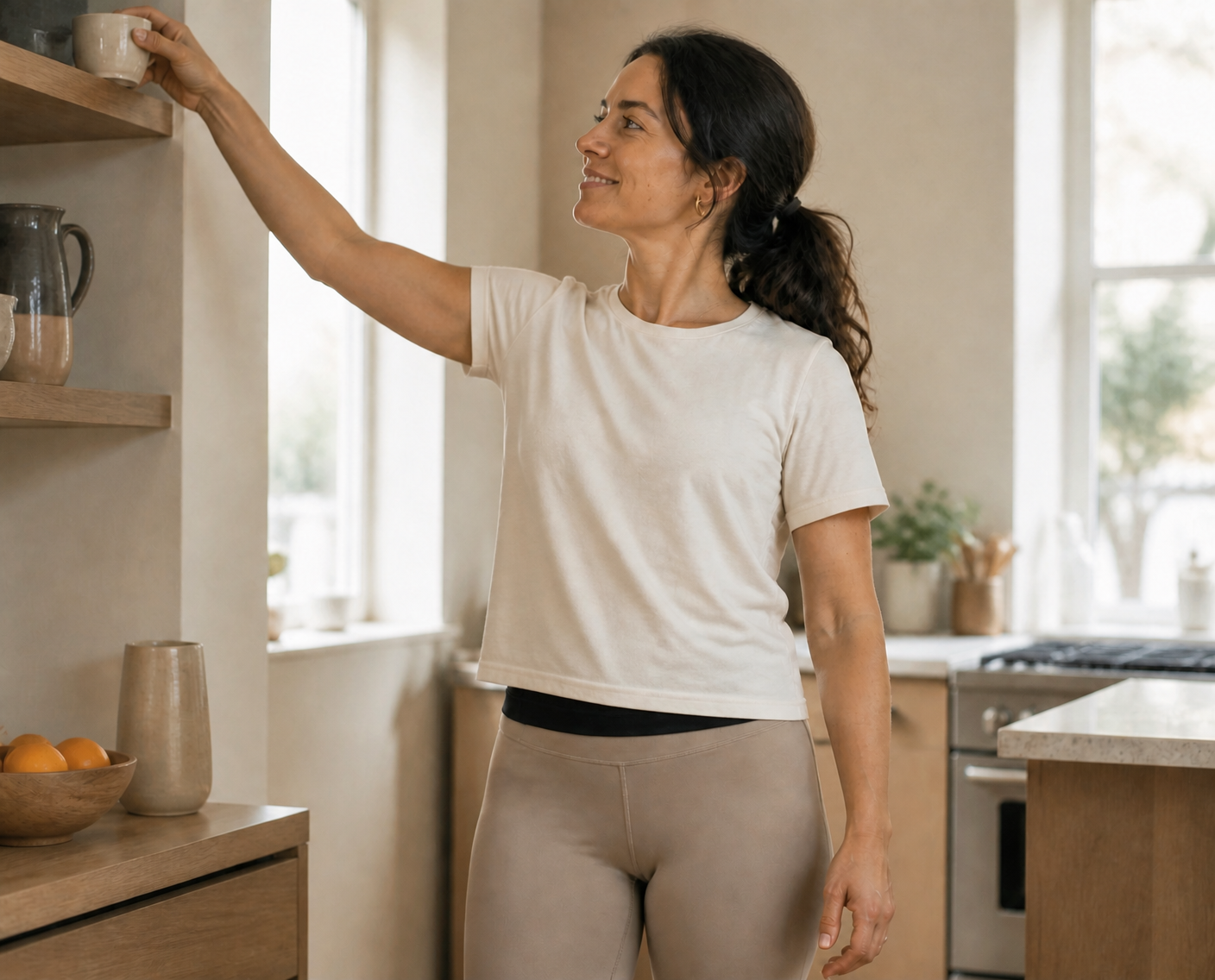 Smiling woman setting a cup on a kitchen shelf, wearing a cream T-shirt and the Lalevio belt